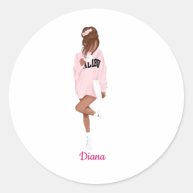 Personalized Name Girl in Pink College Life  Classic Round Sticker (Front)