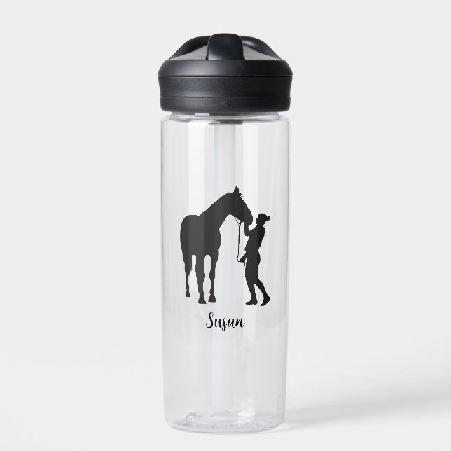 Personalized Name Girl with Horse in black colour Water Bottle (Front)