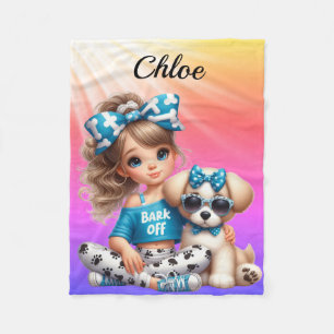 Personalized name girl with puppy fleece blanket