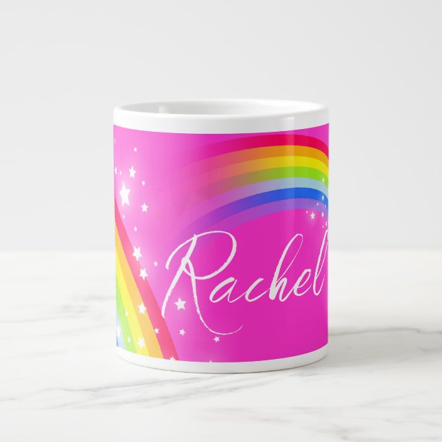 Personalized name girls rachel rainbow pink  large coffee mug (Front)