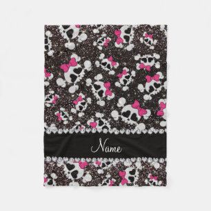 Personalized name glitter black skulls pink bows fleece blanket