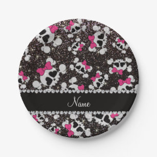 Personalized name glitter black skulls pink bows paper plate