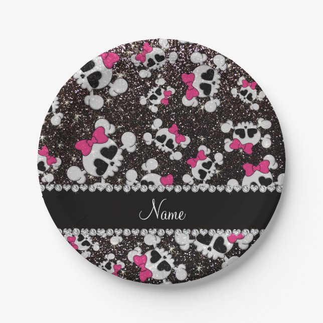 Personalized name glitter black skulls pink bows paper plate (Front)