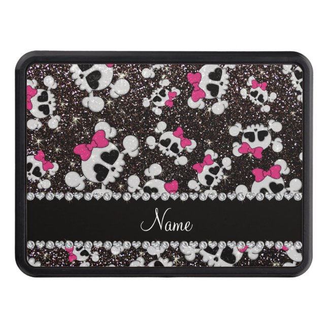 Personalized name glitter black skulls pink bows trailer hitch cover (Front)