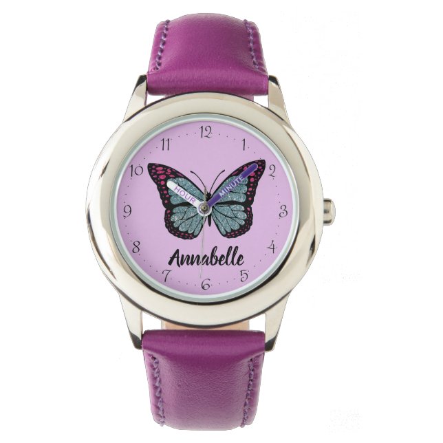 Personalized Name Glitter Butterfly Purple Watch (Front)