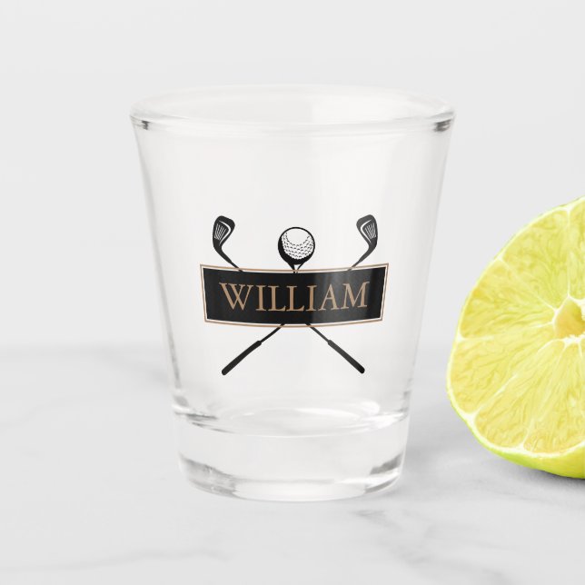 Personalized Name Gold and Black Golf Clubs Shot Glass (Front)