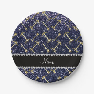 Personalized name gold arrows navy blue glitter paper plate