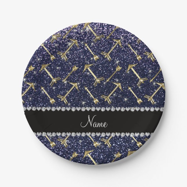 Personalized name gold arrows navy blue glitter paper plate (Front)