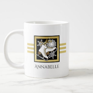 Personalized Name Gold Black White Ice Skating Large Coffee Mug