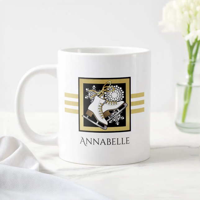 Personalized Name Gold Black White Ice Skating Large Coffee Mug (Creator Uploaded)