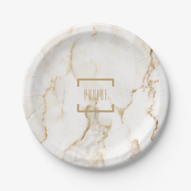 Personalized Name Gold Effect Marble Paper Plate (Front)