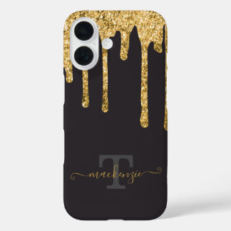 Personalized Name Gold Fake Glitter Drip Monogram iPhone 16 Case