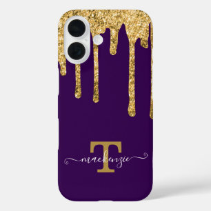 Personalized Name Gold Fake Glitter Drip Monogram iPhone 16 Case