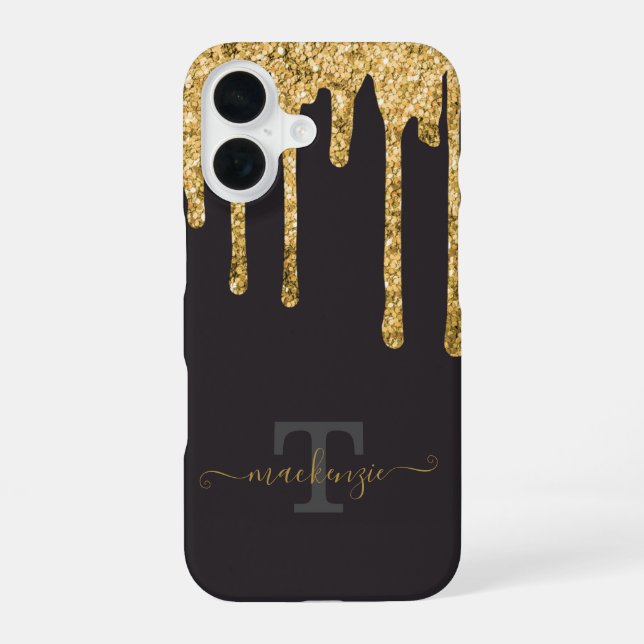 Personalized Name Gold Fake Glitter Drip Monogram iPhone 16 Case (Back)
