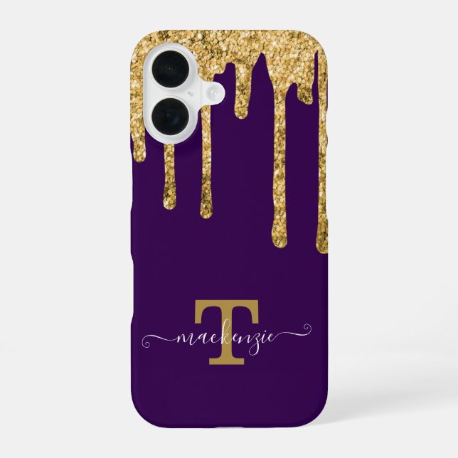 Personalized Name Gold Fake Glitter Drip Monogram iPhone 16 Case (Back)