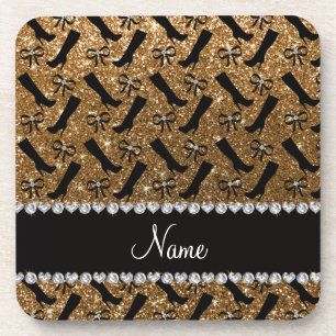 Personalized name gold glitter boots bows coaster