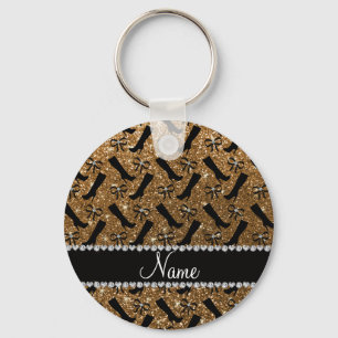 Personalized name gold glitter boots bows keychain