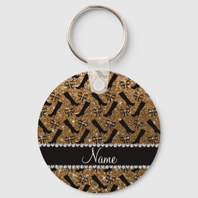 Personalized name gold glitter boots bows keychain (Front)