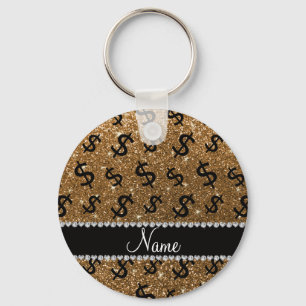 Personalized name gold glitter dollar signs keychain