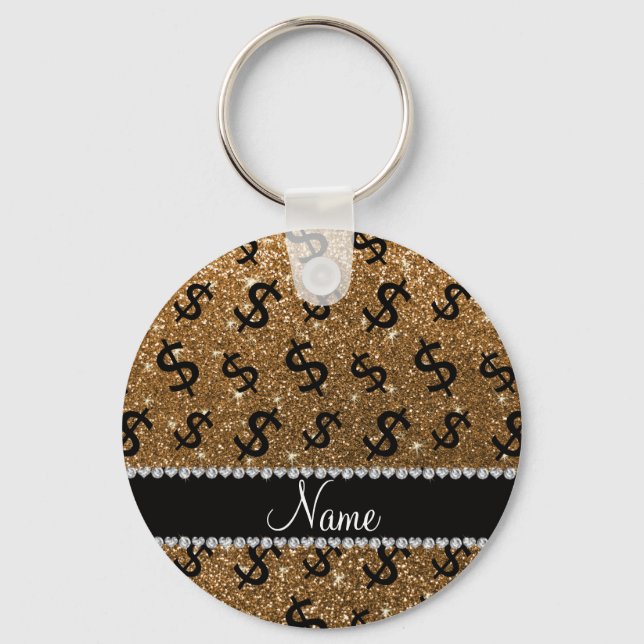 Personalized name gold glitter dollar signs keychain (Front)