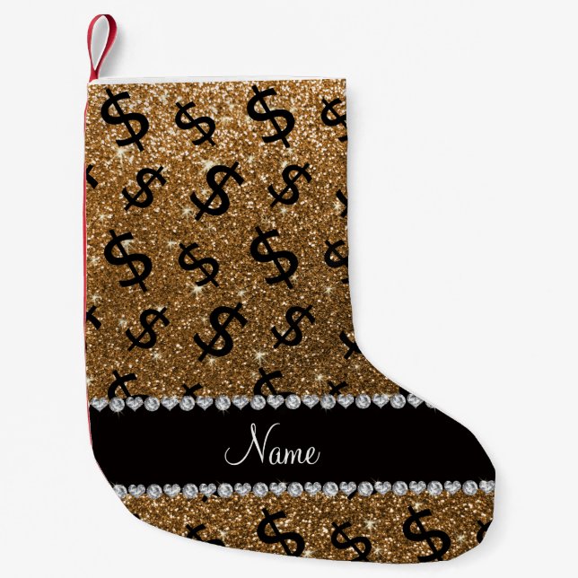 Personalized name gold glitter dollar signs small christmas stocking (Front)