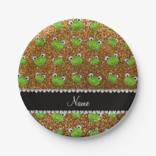 Personalized name gold glitter frogs paper plate