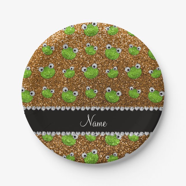 Personalized name gold glitter frogs paper plate (Front)