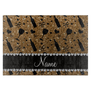 Personalized name gold glitter wine glass bottle cutting board