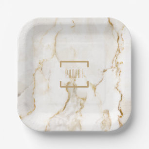 Personalized Name Gold Marble Pattern Paper Plate