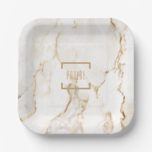 Personalized Name Gold Marble Pattern Paper Plate (Front)