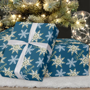 Personalized Name Gold Snowflake Navy Gift Wrapping Paper