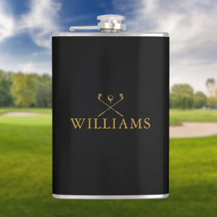 Personalized Name Golf Clubs Gold And Black Hip Flask