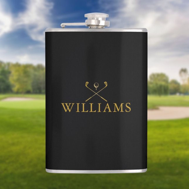 Personalized Name Golf Clubs Gold And Black Hip Flask (Creator Uploaded)