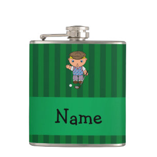 Personalized name golf player green stripes hip flask