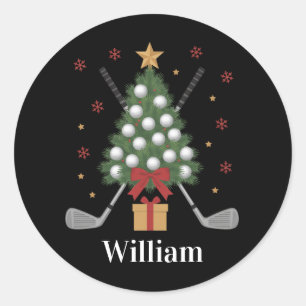 Personalized Name Golf Tree Equipment Christmas Classic Round Sticker