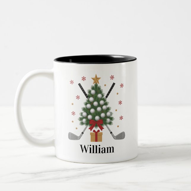 Personalized Name Golf Tree Equipment Christmas  Two-Tone Coffee Mug (Left)
