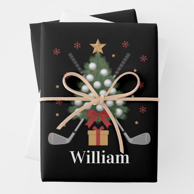Personalized Name Golf Tree Equipment Christmas  Wrapping Paper Sheet (In situ)
