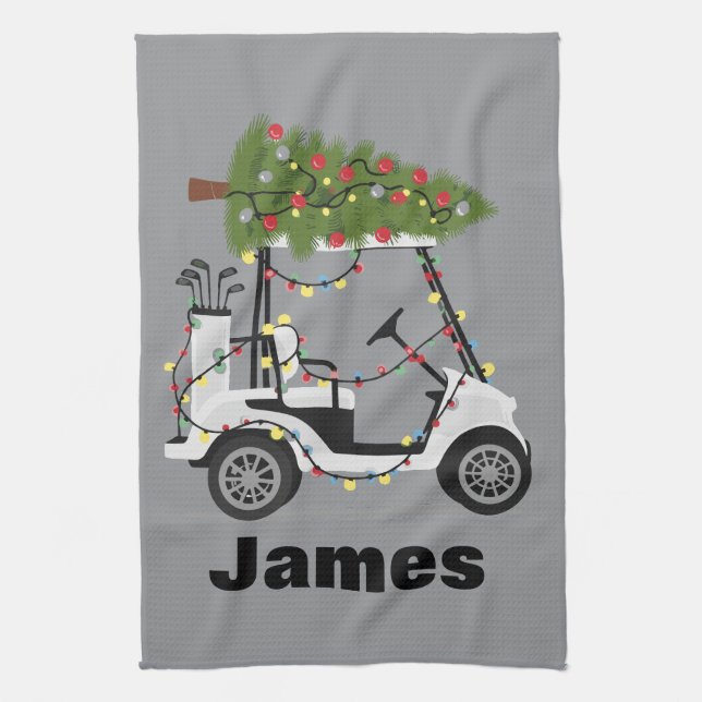 Personalized Name Golfer Christmas Golf Cart Xmas  Kitchen Towel (Vertical)