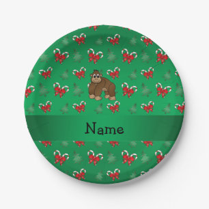 Personalized name gorilla green candy canes bows paper plate