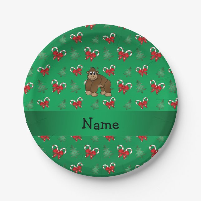 Personalized name gorilla green candy canes bows paper plate (Front)
