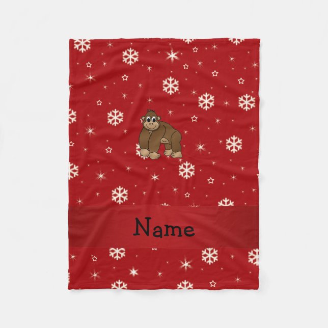 Personalized name gorilla red snowflakes fleece blanket (Front)