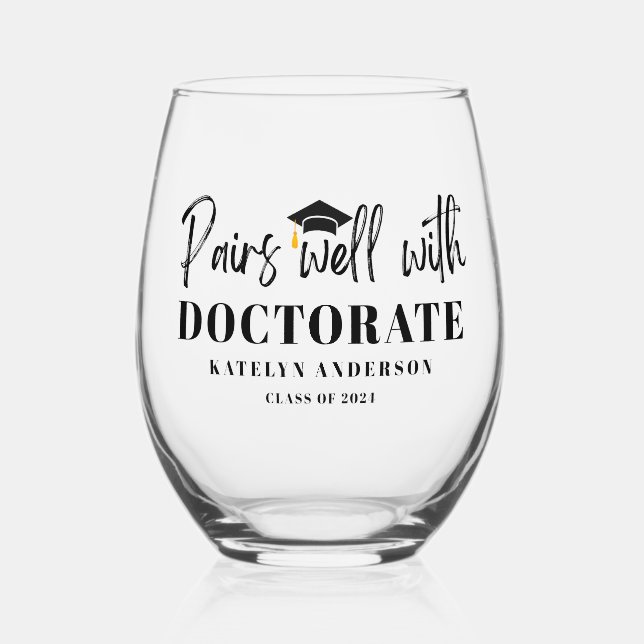 Personalized Name Graduation Year Doctorate Degree Stemless Wine Glass (Front)