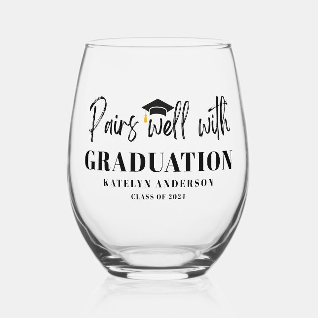Personalized Name Graduation Year Pairs Well Stemless Wine Glass (Front)