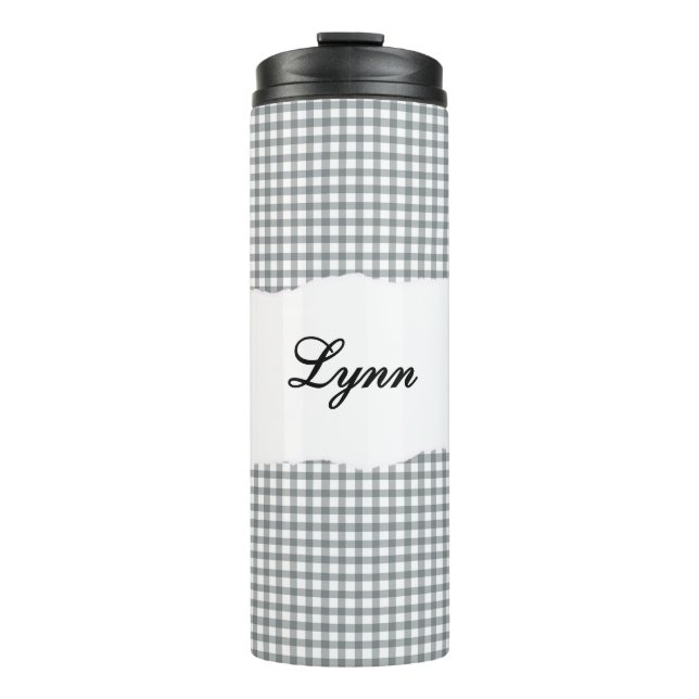 Personalized Name Gray Gingham Pattern Thermal Tumbler (Front)