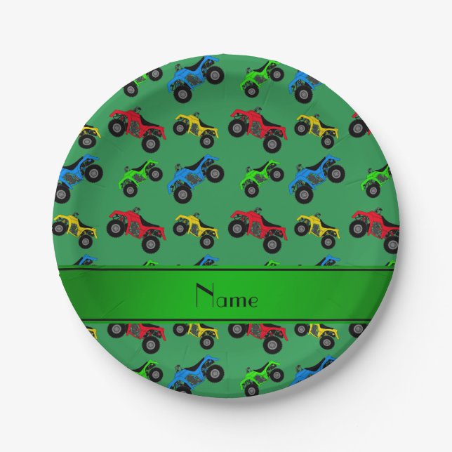 Personalized name green atv pattern paper plate (Front)