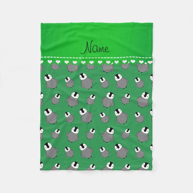 Personalized name green baby penguins fleece blanket (Front)