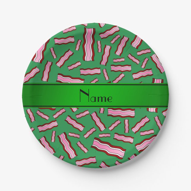 Personalized name green bacon pattern paper plate (Front)