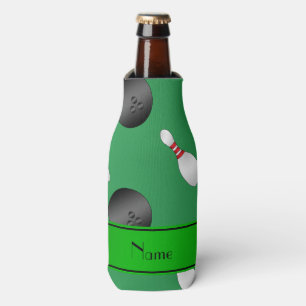 Personalized name green bowling balls pins bottle cooler