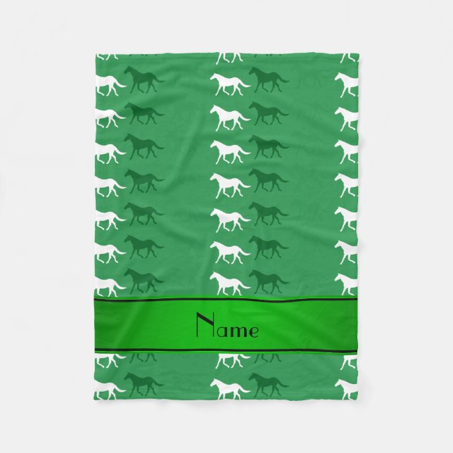 Personalized name green coloured horses fleece blanket (Front)
