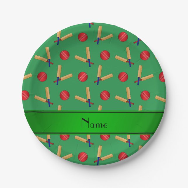 Personalized name green cricket pattern paper plate (Front)